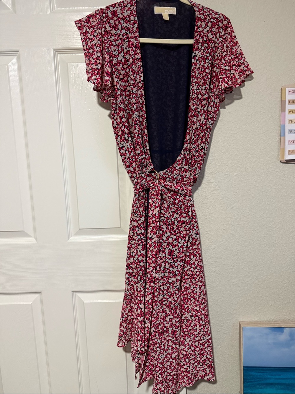 Michael Kors Red Floral Tie-Waist Midi Dress
